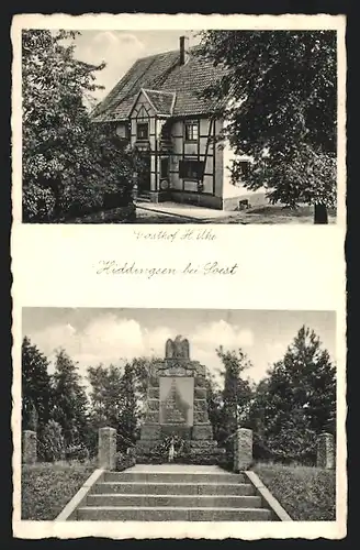 AK Hiddingsen über Soest, Gasthof H. Uhe, Denkmal mit Treppe