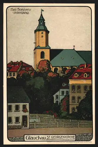 Steindruck-AK Glauchau, St. Georgenkirche bei Sonnenuntergang
