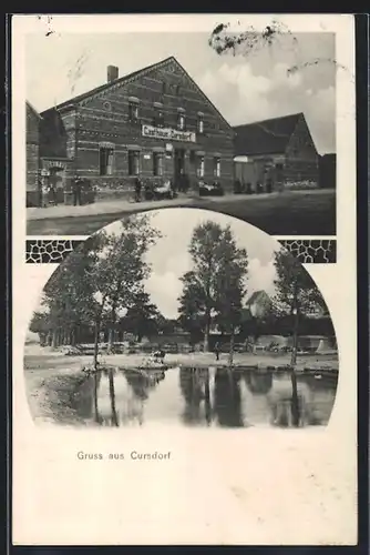 AK Kursdorf, Gasthaus zu Cursdorf mit Strasse, Ortsansicht mit Teich