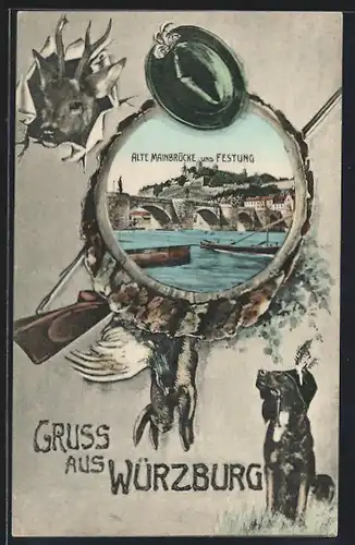 AK Würzburg, Alte Mainbrücke und Festung, Rehbock, Jagdhund