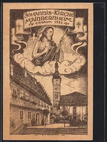 Künstler-AK Mainbernheim, Johanniskirche mit Johannes in den Wolken, Spendenkarte Kirchenerneuerung