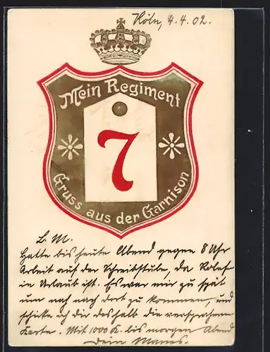 Künstler-AK Köln, Schulterklappe Regiment 7 mit Krone, Gruss aus der Garnison