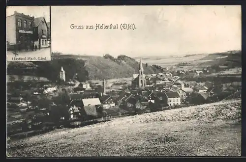 AK Hellenthal / Eifel, Totalansicht, Gasthof Math. Lind