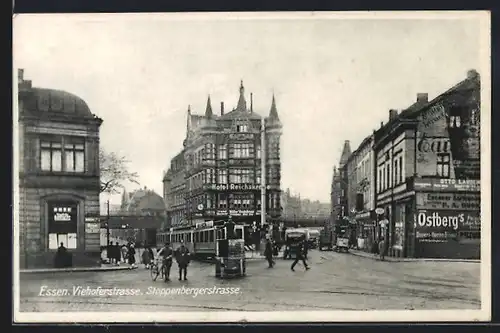 AK Essen, Viehoferstrasse und Stoppenbergerstrasse mit Hotel Reichskirche, LKW, Strassenbahn