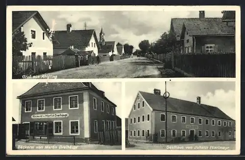 AK Aholfing, Bäckerei M. Dreihäupl, Gasthaus J. Hierlmayr, Strassenpartie mit Kirche