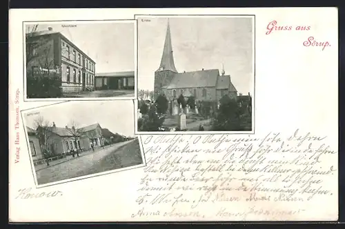 AK Sörup, Bahnhofhotel, Kirche, Dorfstrasse