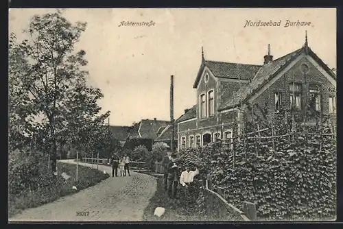 AK Burhave /Nordsee, Achternstrasse mit Häusern und Schülergruppe