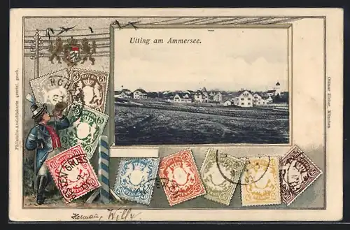 Präge-AK Utting am Ammersee, Teilansicht, Postbote am Telegraphenmast mit Briefmarken, Passepartout