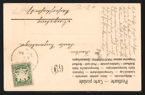 Präge-AK Utting am Ammersee, Teilansicht, Postbote am Telegraphenmast mit Briefmarken, Passepartout