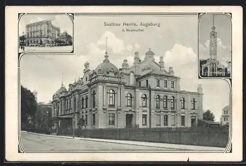 AK Augsburg, Saalbau Herrle, Gebäudeansicht, Turm