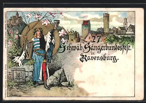 Lithographie Ravensburg, 27. Schwäbisches Sängerbundesfest 1904, Festpostkarte