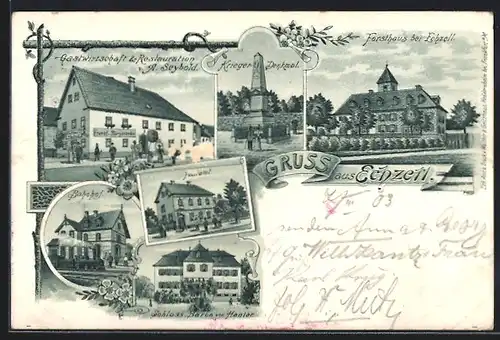 Lithographie Echzell, Gasthaus & Restaurant v. A. Seybold, Forsthaus, Bahnhof