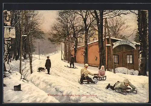 AK Wiesbaden, Schlittenfahrer auf der Rodelbahn beim Chausséehaus