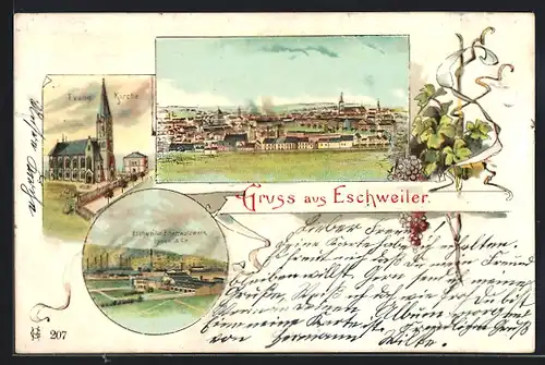 Lithographie Eschweiler, Eschweiler Eisenwalzwerk Lynen & Cie., Evangelische Kirche, Teilansicht