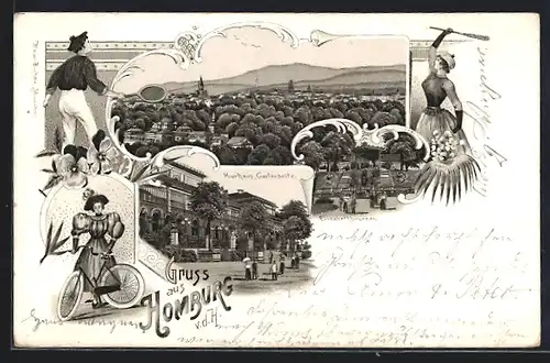 Lithographie Homburg v. d. H., Kurhaus Gartenseite, Elisabethbrunnen, Teilansicht