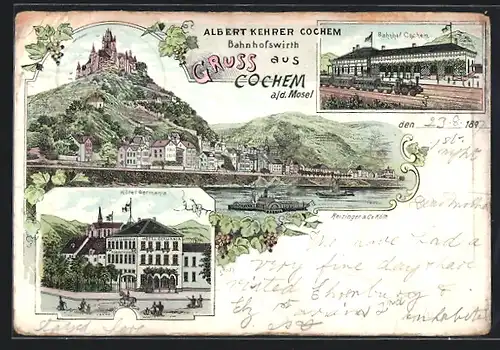 Lithographie Cochem a. d. Mosel, Hotel Germania, Bahnhofsgasthaus Albert Kehrer mit Bahnhof, Teilansicht