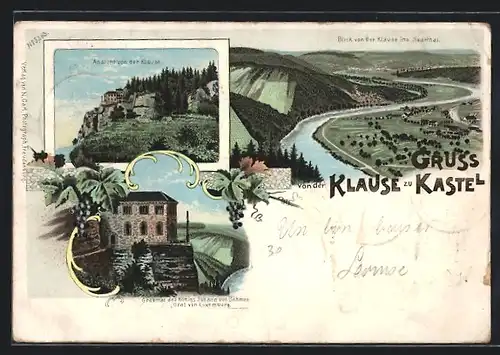 Lithographie Kastel, Ansicht von der Klause, Blick ins Saarthal, Grabmal des Königs Johann von Böhmen Graf von Luxemburg