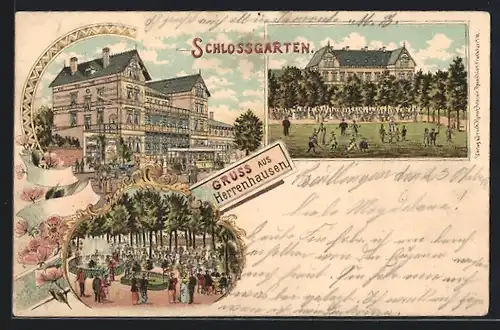 Lithographie Hannover-Herrenhausen, Schlossgarten mit Gästen, Garten mit Fontäne