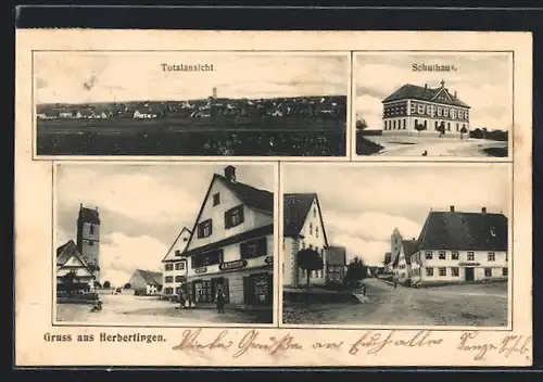 AK Herbertingen, Strassenpartie mit Geschäft und Kirche, Schulhaus, Ortspartie