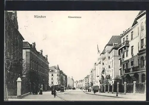 AK München, Römerstrasse mit Passanten