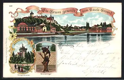 Lithographie Bernburg /Saale, Kriegerdenkmal, Bärenzwinger, Panorama