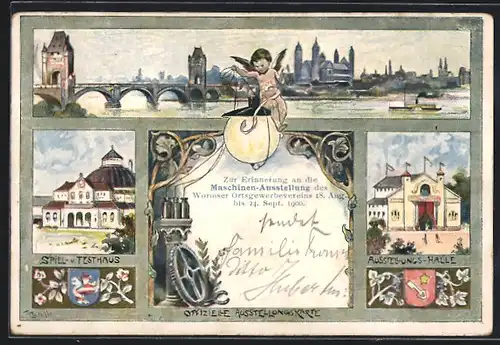 AK Worms, Maschinen-Ausstellung 1900, Spiel- und Festhaus, Ausstellungs-Halle, Ortspartie mit Brücke