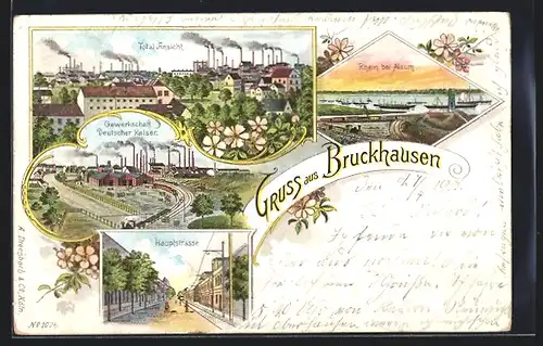 Lithographie Bruckhausen, Gewerkschaft Deutscher Kaiser, Hauptstrasse, Rhein bei Alsum