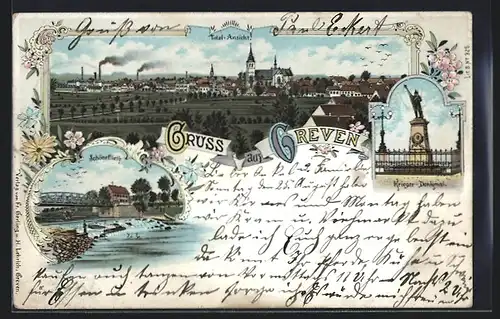 Lithographie Greven, Krieger-Denkmal, Schöneflieth, Ortsansicht