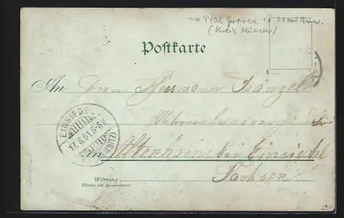 Lithographie Greven, Krieger-Denkmal, Schöneflieth, Ortsansicht