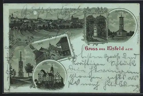 Lithographie Eisfeld, Schloss, Markt, Siegesdenkmal, Aussichtsturm, Otto Ludwig Denkmal, Ortsansicht