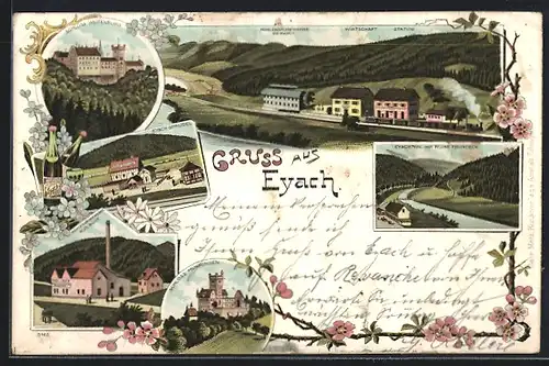 Lithographie Eyach, Gasthaus Eyach Sprudel, Schloss, Kohlensäurewerke de Raydt