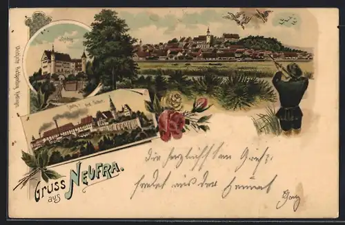 Lithographie Neufra, Fabrik v. Ferd. Gröber, Schloss, Ortsansicht