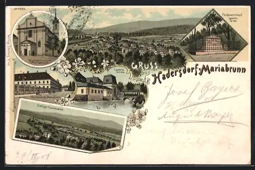 Lithographie Hadersdorf-Mariabrunn, Forstschule, Laudons Schloss, Wallfahrtskirche