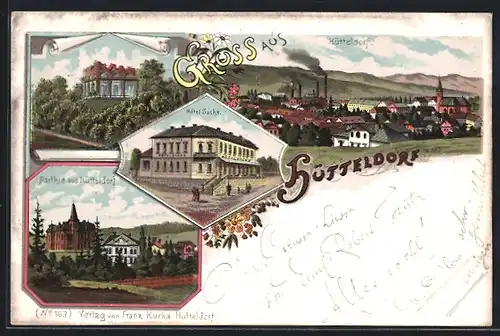 Lithographie Wien-Hütteldorf, Hotel Sachs, Ortspartie, Gesamtansicht