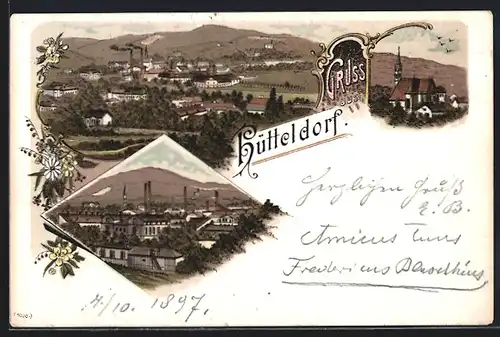 Lithographie Wien, Hütteldorf, Ortsansicht aus der Vogelschau, Kirche