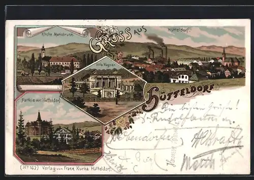 Lithographie Wien, Hütteldorf, Villa Wagner, Kirche Mariabrunn