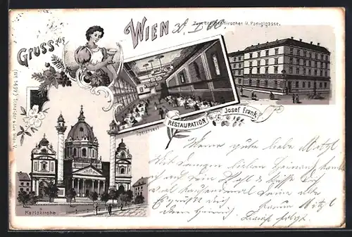 Lithographie Wien, Restauration Josef Frank Zum braunen Hirschen, Paniglgasse, Karlskirche
