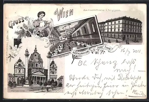 Lithographie Wien, Restauration Josef Frank Zum braunen Hirschen, Paniglgasse, Karlskirche