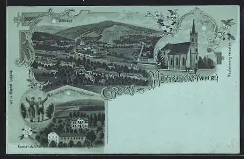Lithographie Wien, Hütteldorf mit Kirche und Mariabrunn