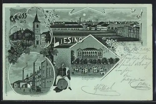 Mondschein-Lithographie Wien, Liesing, Brauhaus, Restaurant und Conzertgarten, Kirche