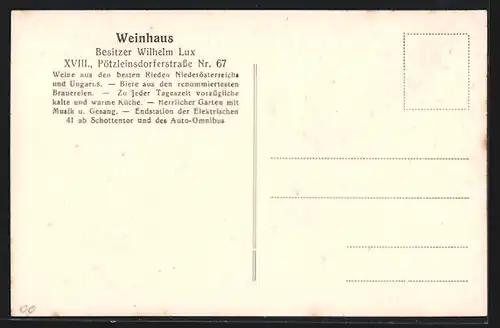 AK Wien, Weinhaus, Bes.: Wilhelm Lux, Pötzleinsdorferstrasse 67