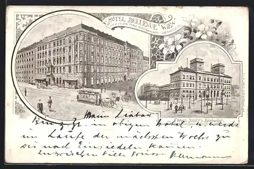 Künstler-AK Wien, Hotel Bellevue, Franz Josefs Bahnhof