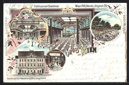 Lithographie Wien-Hernals, Etablissement Stalehner, Altdeutsche Weinstube, Conzert Garten