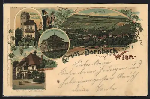 Lithographie Wien-Dornbach, Heuriger zur Himmelmutter, Cafe-Restaurant Sängerwarte