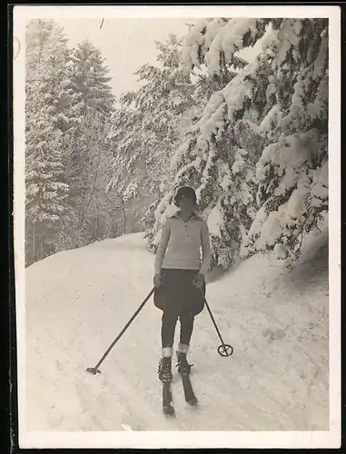 Fotografie Wintersport, junge Frau auf Ski im verschneiten Wald