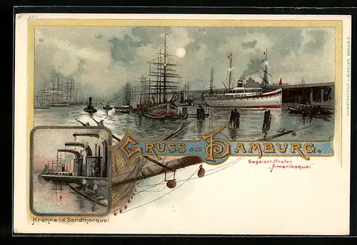 Lithographie Hamburg, Segelschiffhafen Amerikaquai, Krähne i. d. Sandthorquai