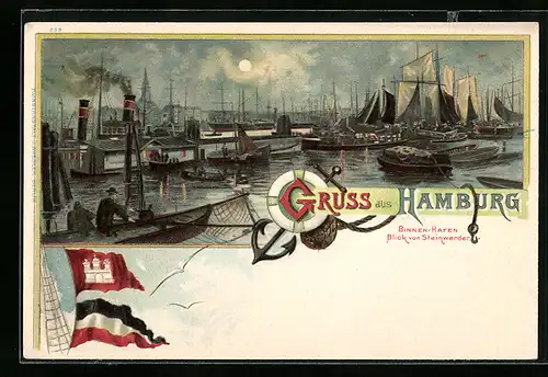 Lithographie Hamburg, Binnen-Hafen bei Vollmond, Blick von Steinwerder, Anker und Fahne