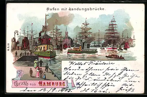 Lithographie Hamburg-Harburg, Hafen mit Landungsbrücke