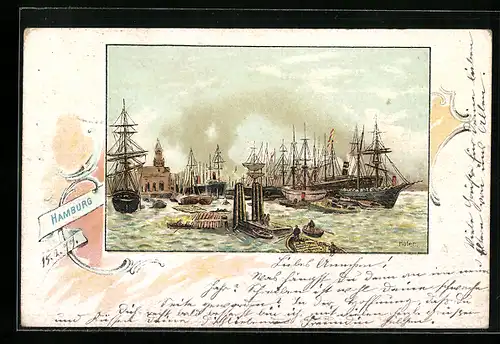 Lithographie Hamburg, Der Hafen mit Schiffen