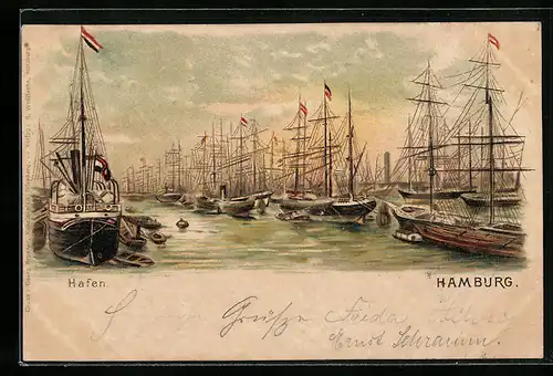 Lithographie Hamburg, Hafen mit Segelschiffen